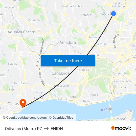 Odivelas (Metro) P7 to ENIDH map