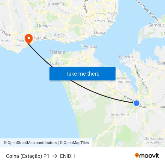 Coina (Estação) P1 to ENIDH map