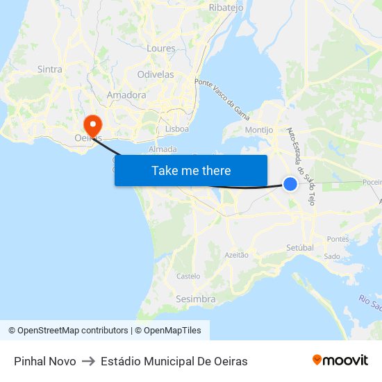 Pinhal Novo to Estádio Municipal De Oeiras map