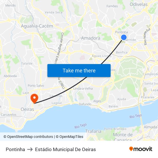 Pontinha to Estádio Municipal De Oeiras map