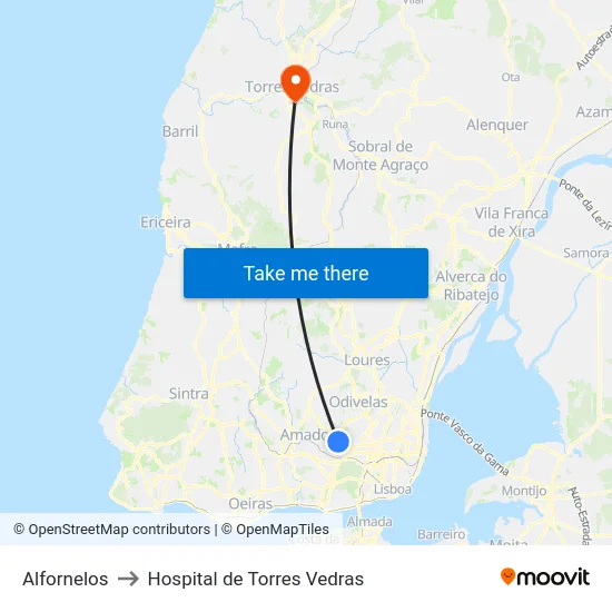 Alfornelos to Hospital de Torres Vedras map