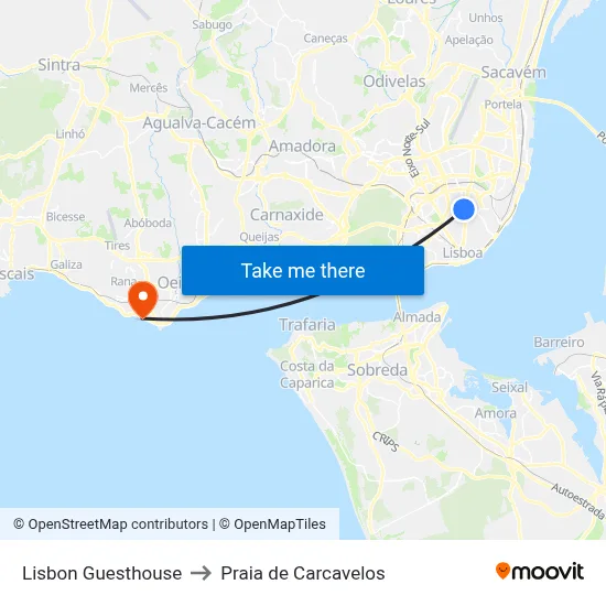 Lisbon Guesthouse to Praia de Carcavelos map