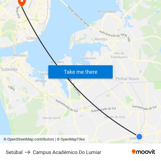Setúbal to Campus Académico Do Lumiar map