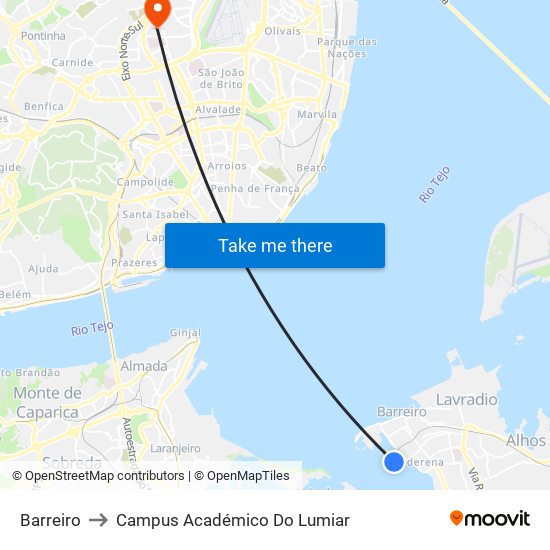Barreiro to Campus Académico Do Lumiar map
