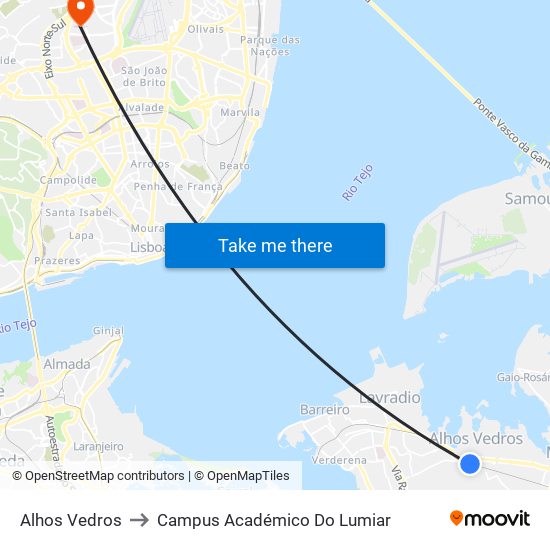 Alhos Vedros to Campus Académico Do Lumiar map