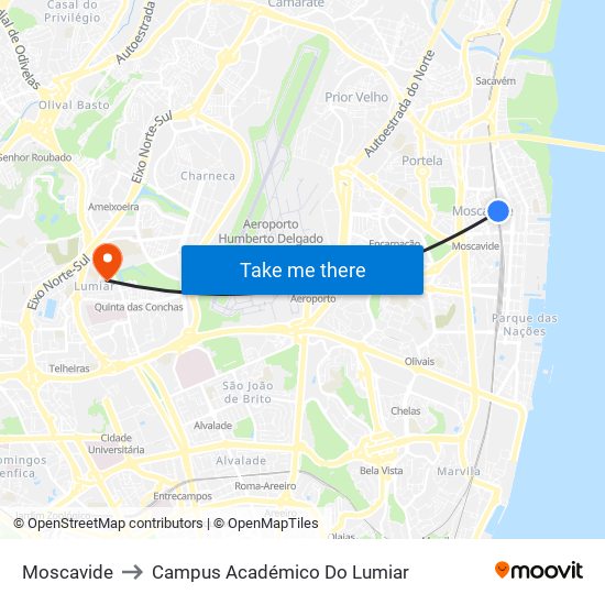 Moscavide to Campus Académico Do Lumiar map