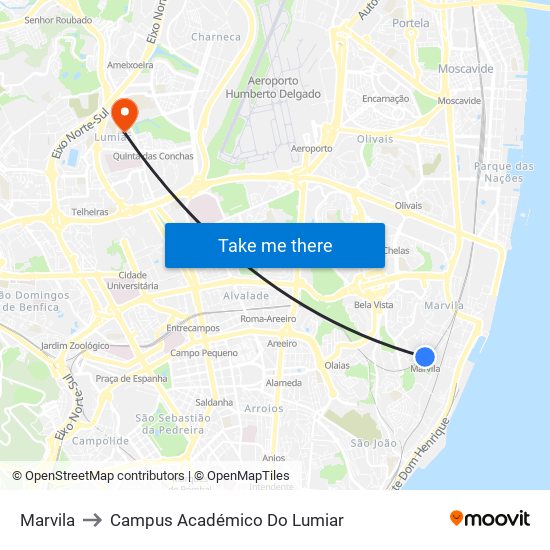 Marvila to Campus Académico Do Lumiar map