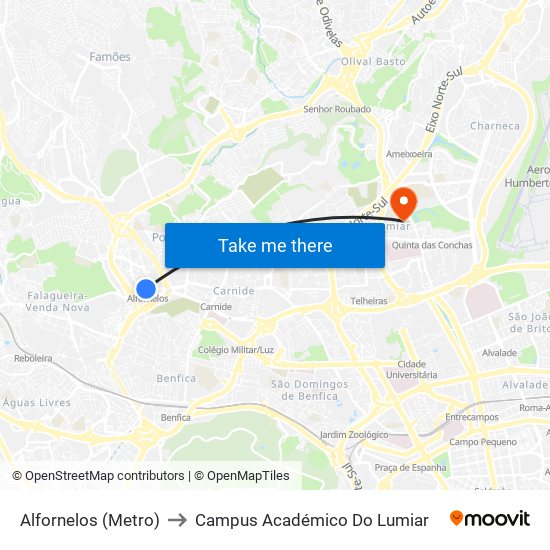 Alfornelos (Metro) to Campus Académico Do Lumiar map