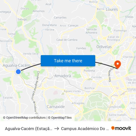 Agualva-Cacém (Estação) P10 to Campus Académico Do Lumiar map