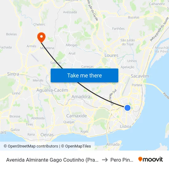 Avenida Almirante Gago Coutinho (Praça Areeiro) to Pero Pinheiro map