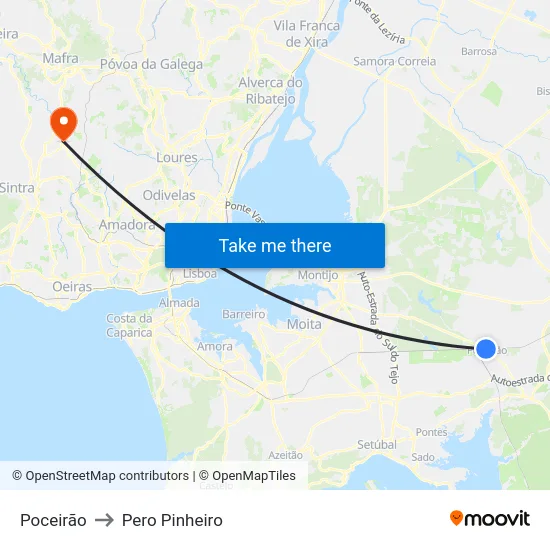 Poceirão to Pero Pinheiro map