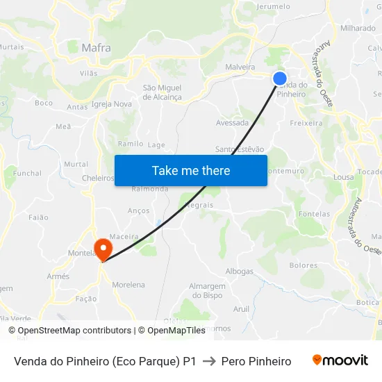 Venda do Pinheiro (Eco Parque) P1 to Pero Pinheiro map