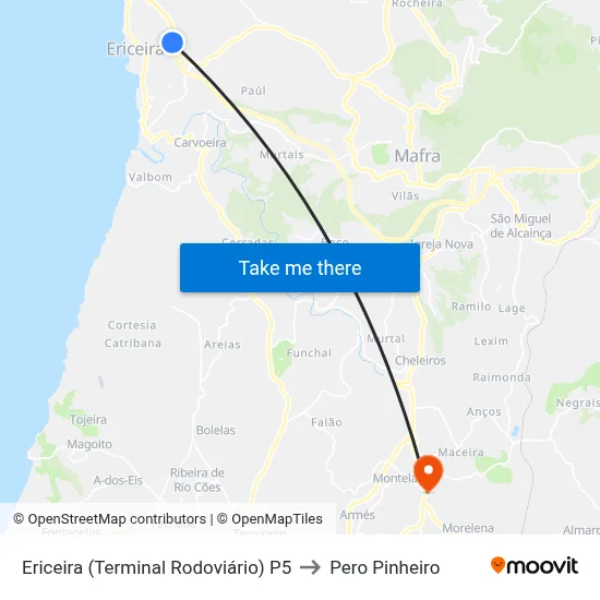 Ericeira (Terminal Rodoviário) P5 to Pero Pinheiro map
