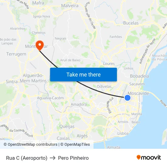 Rua C (Aeroporto) to Pero Pinheiro map