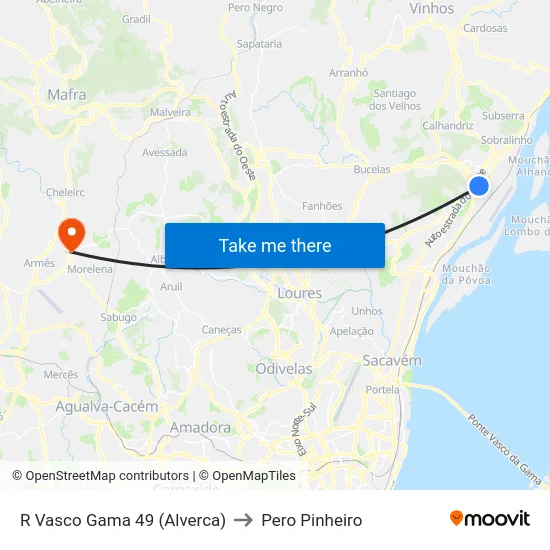R Vasco Gama 49 (Alverca) to Pero Pinheiro map