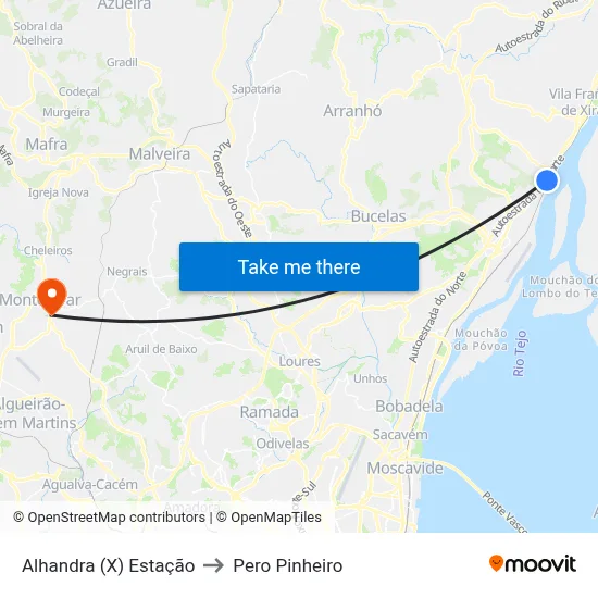 Alhandra (X) Estação to Pero Pinheiro map