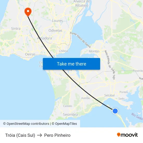 Tróia (Cais Sul) to Pero Pinheiro map