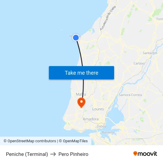 Peniche (Terminal) to Pero Pinheiro map