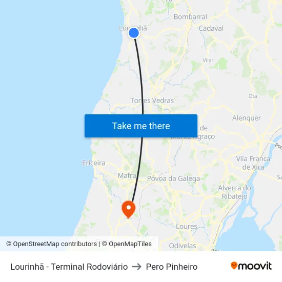 Lourinhã - Terminal Rodoviário to Pero Pinheiro map