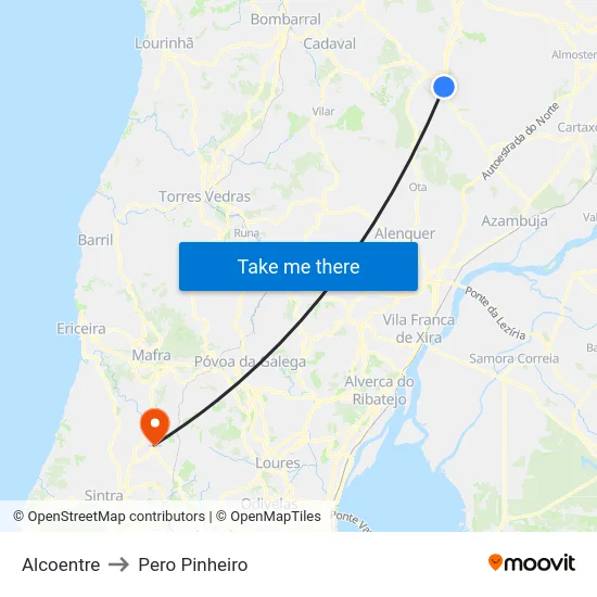 Alcoentre to Pero Pinheiro map