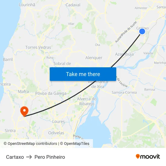 Cartaxo to Pero Pinheiro map