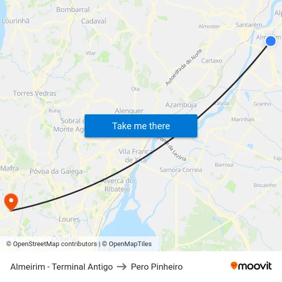 Almeirim - Terminal Antigo to Pero Pinheiro map