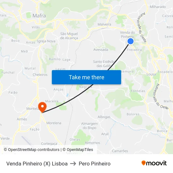 Venda Pinheiro (X) Lisboa to Pero Pinheiro map