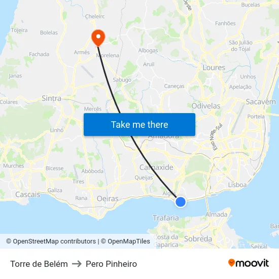 Torre de Belém to Pero Pinheiro map
