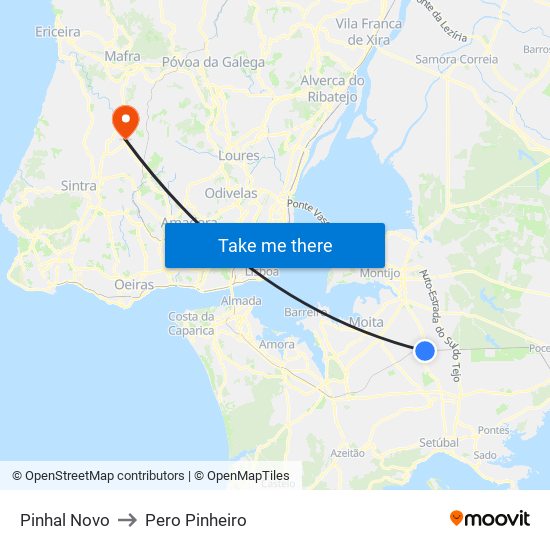 Pinhal Novo to Pero Pinheiro map