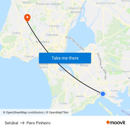 Setúbal to Pero Pinheiro map