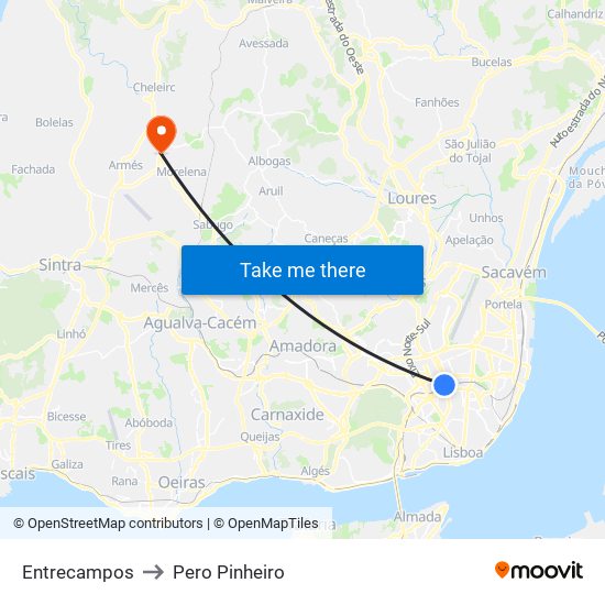Entrecampos to Pero Pinheiro map