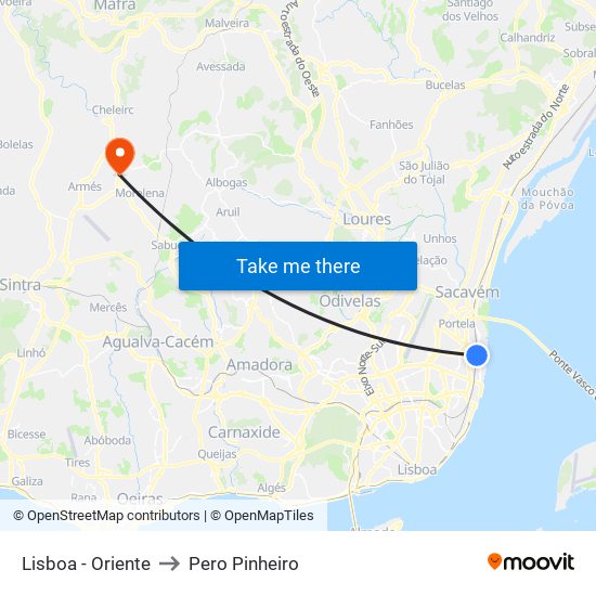 Lisboa - Oriente to Pero Pinheiro map
