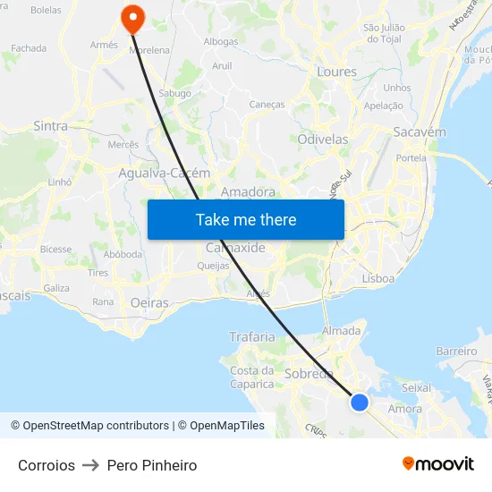Corroios to Pero Pinheiro map