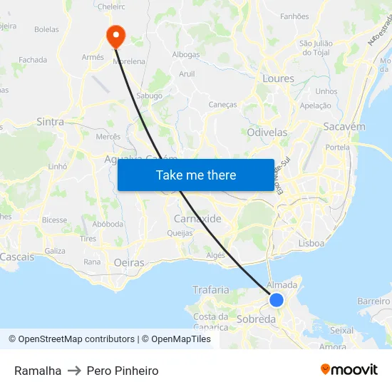 Ramalha to Pero Pinheiro map