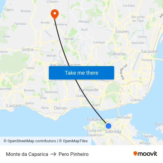 Monte da Caparica to Pero Pinheiro map