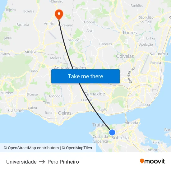 Universidade to Pero Pinheiro map