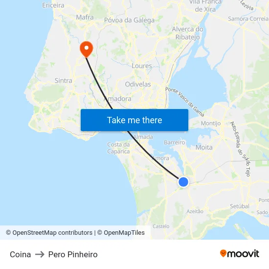 Coina to Pero Pinheiro map