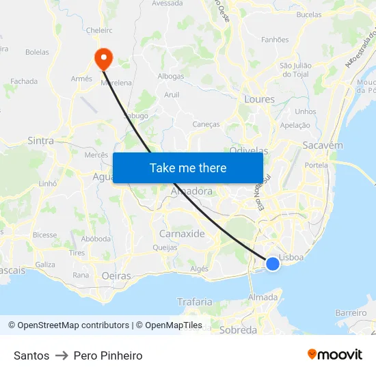 Santos to Pero Pinheiro map
