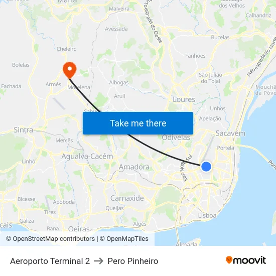 Aeroporto Terminal 2 to Pero Pinheiro map