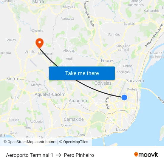 Aeroporto Terminal 1 to Pero Pinheiro map