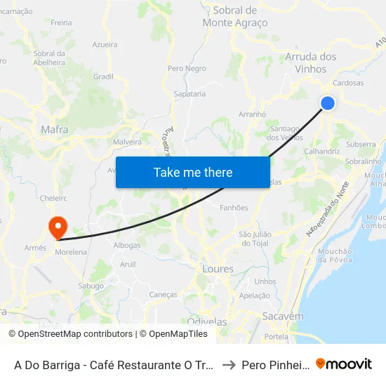 A Do Barriga - Café Restaurante O Trevo to Pero Pinheiro map