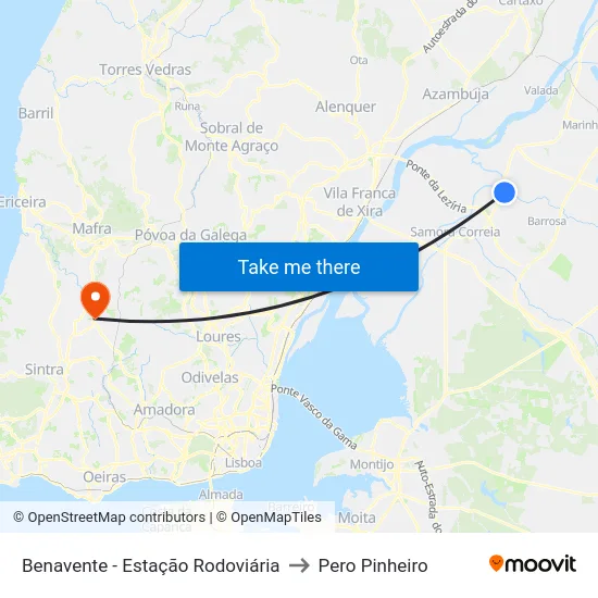 Benavente - Estação Rodoviária to Pero Pinheiro map