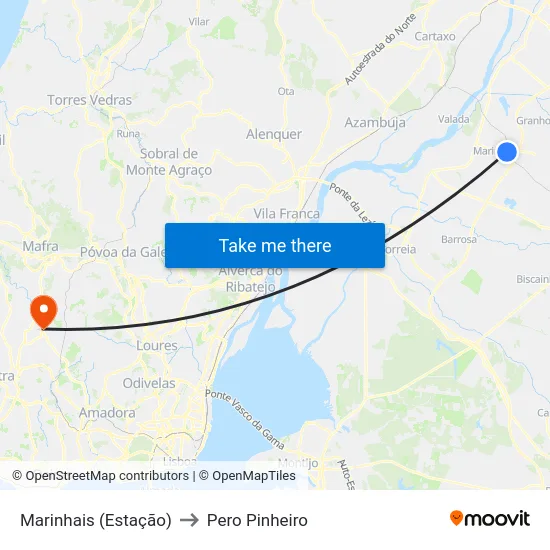 Marinhais (Estação) to Pero Pinheiro map