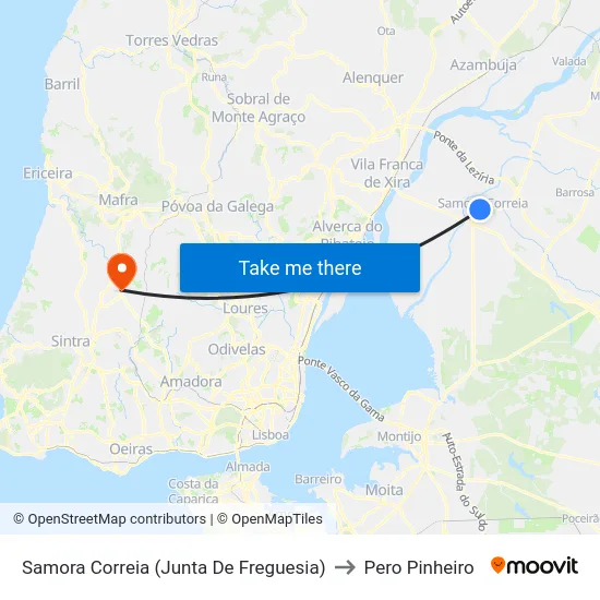 Samora Correia (Junta De Freguesia) to Pero Pinheiro map