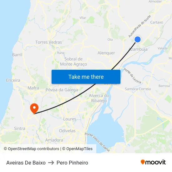 Aveiras De Baixo to Pero Pinheiro map