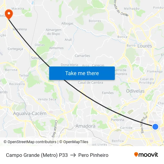 Campo Grande (Metro) P33 to Pero Pinheiro map