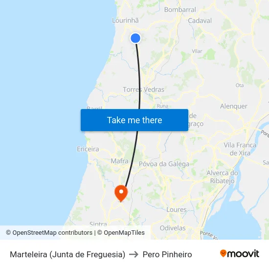 Marteleira (Junta de Freguesia) to Pero Pinheiro map