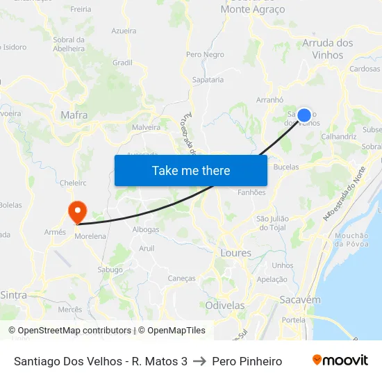 Santiago Dos Velhos - R. Matos 3 to Pero Pinheiro map