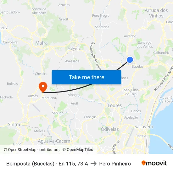 Bemposta (Bucelas) - En 115, 73 A to Pero Pinheiro map