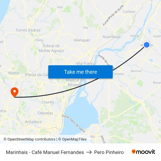 Marinhais - Café Manuel Fernandes to Pero Pinheiro map